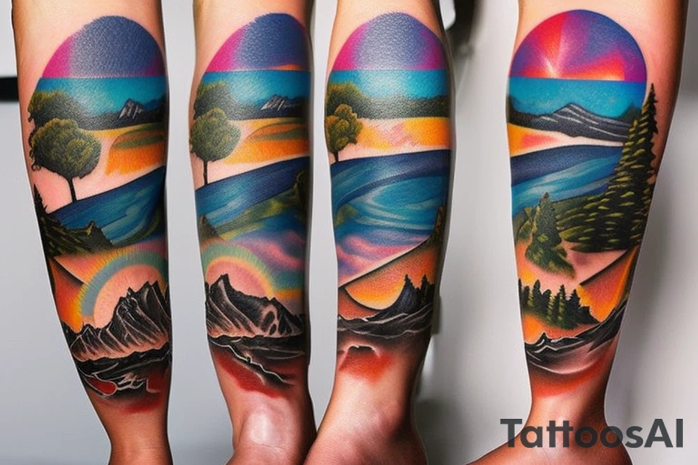 Leg sleeve. Landscape. Sunset. Water. tattoo idea