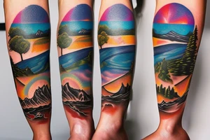 Leg sleeve. Landscape. Sunset. Water. tattoo idea
