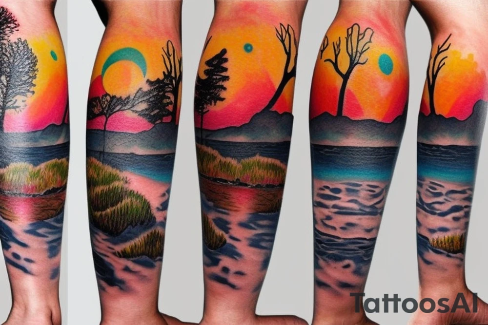 Leg sleeve. Landscape. Sunset. Water. tattoo idea
