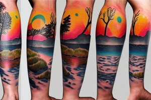 Leg sleeve. Landscape. Sunset. Water. tattoo idea