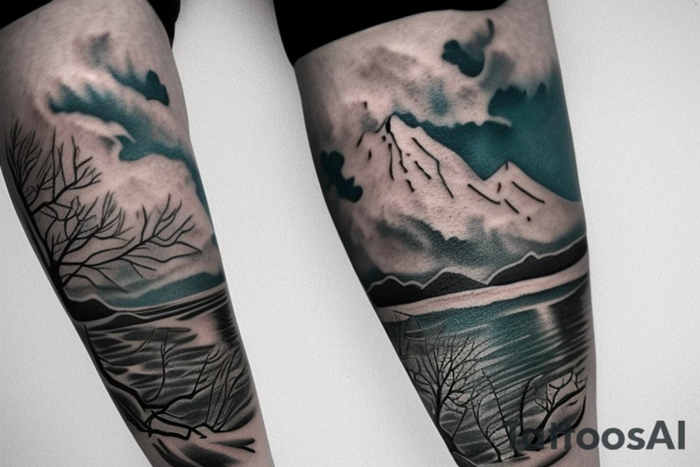 Leg sleeve. Landscape. Winter. Water. tattoo idea