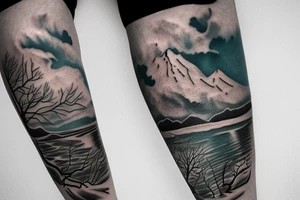 Leg sleeve. Landscape. Winter. Water. tattoo idea