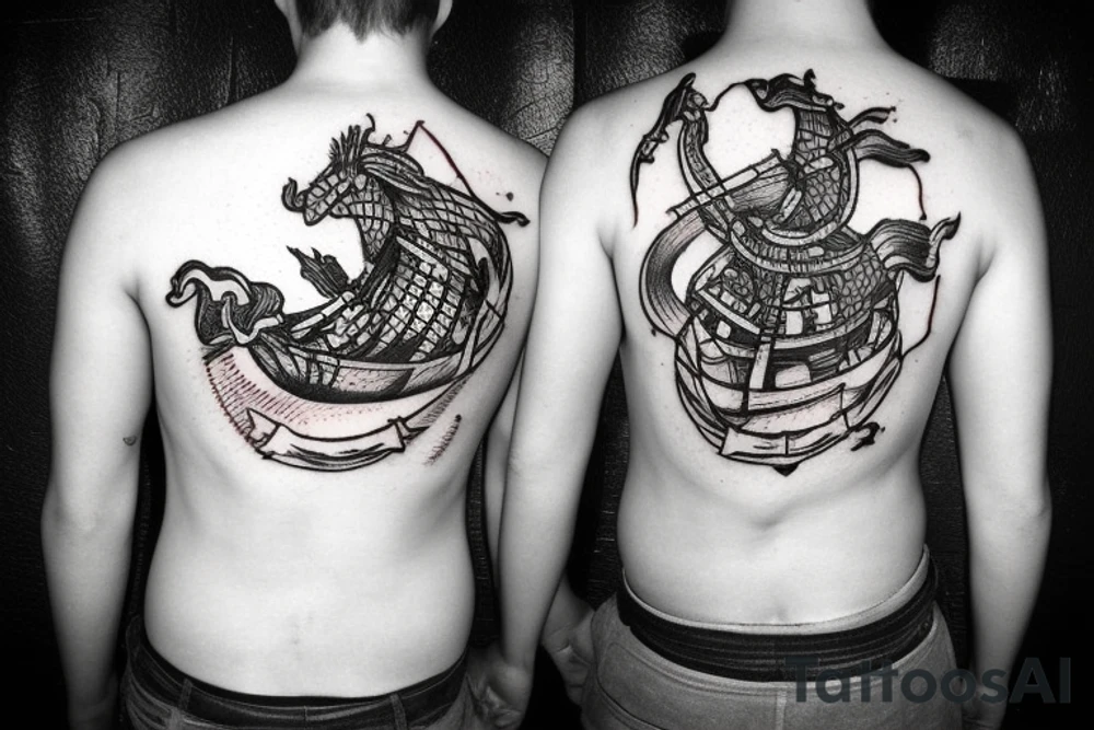 A burning Viking ship with the phrase Burn the Boats underneath it tattoo idea
