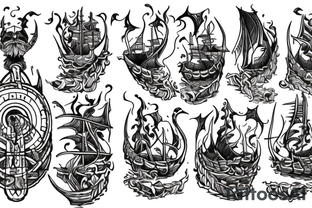 A burning Viking ship with the phrase Burn the Boats underneath it tattoo idea