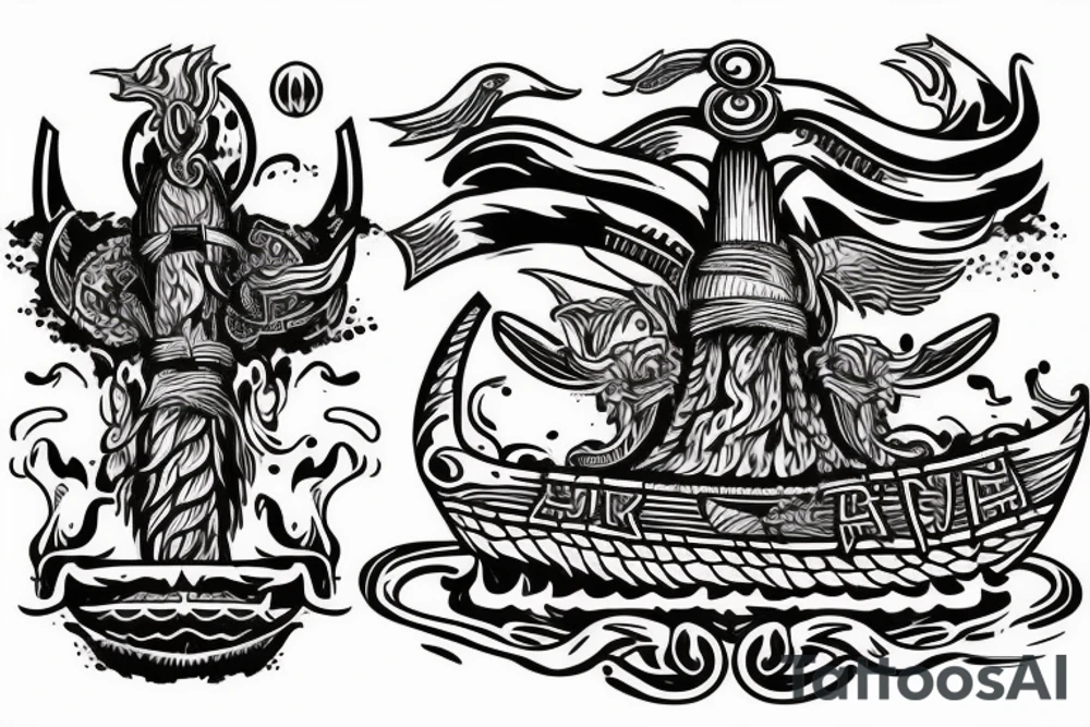 A burning Viking ship with the phrase Burn the Boats underneath it tattoo idea