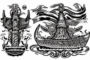 A burning Viking ship with the phrase Burn the Boats underneath it tattoo idea