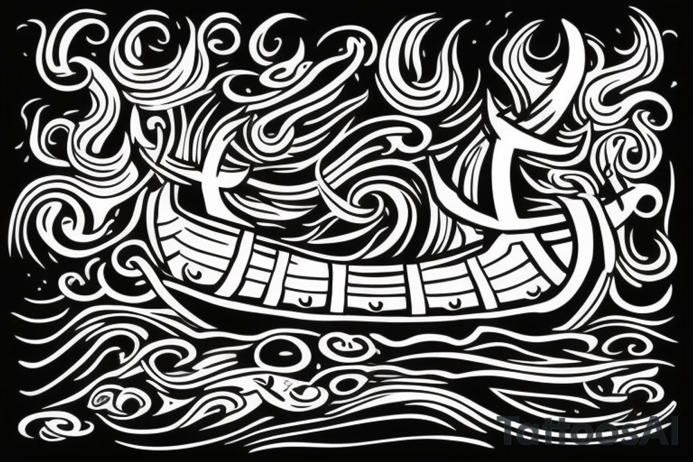 A burning Viking ship with the phrase Burn the Boats underneath it tattoo idea