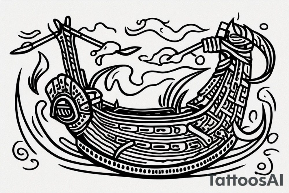 A burning Viking ship with the phrase Burn the Boats underneath it tattoo idea