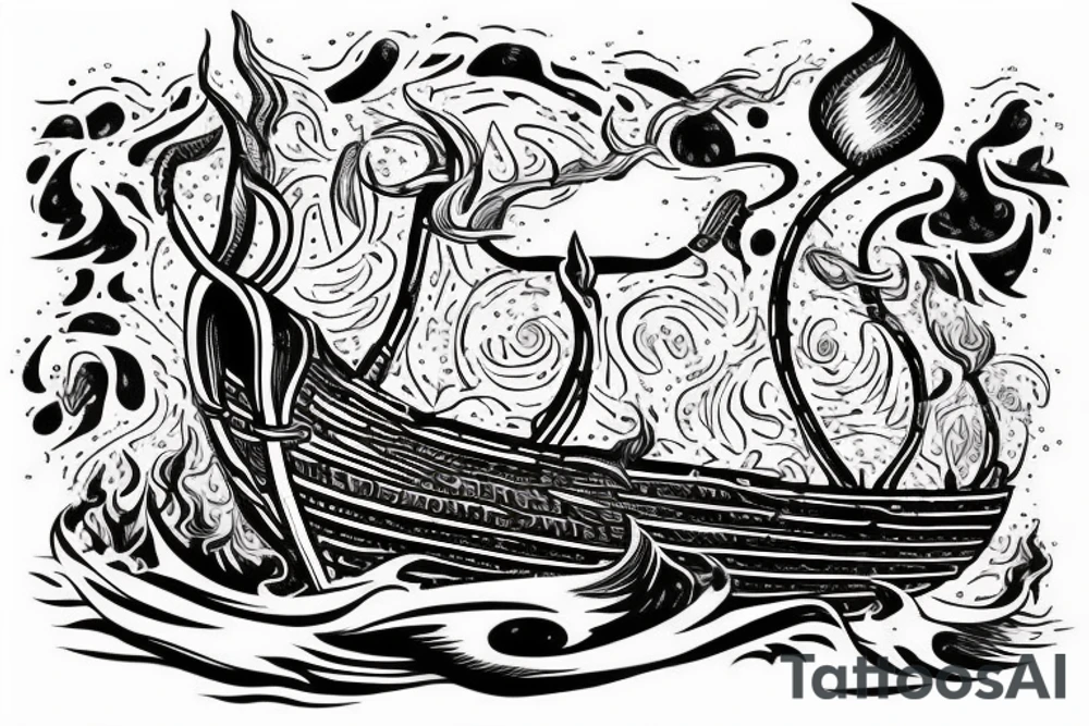 A burning Viking ship with the phrase Burn the Boats underneath it tattoo idea
