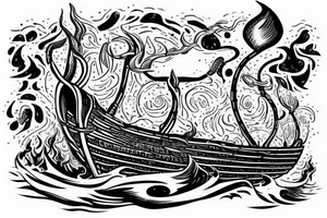 A burning Viking ship with the phrase Burn the Boats underneath it tattoo idea