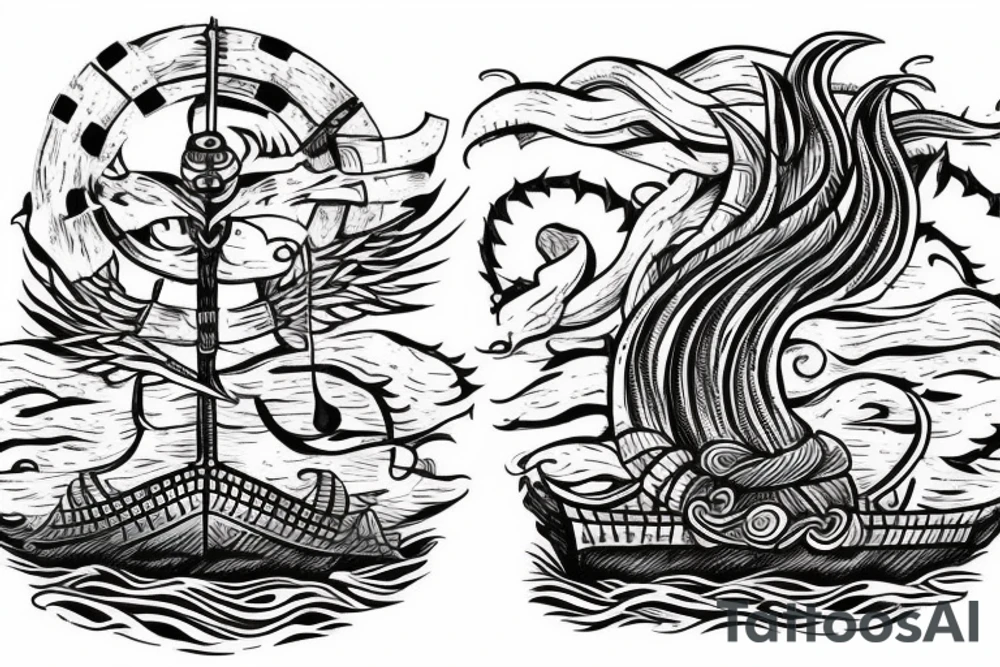 A burning Viking ship with the phrase Burn the Boats underneath it tattoo idea