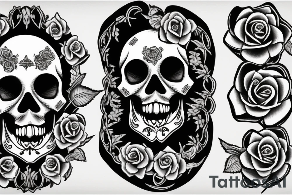 Traditional skull biting a long stem rose tattoo idea