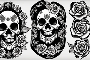 Traditional skull biting a long stem rose tattoo idea