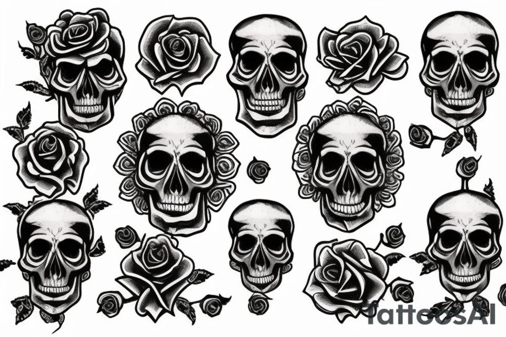 Traditional skull biting a long stem rose tattoo idea