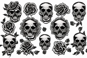 Traditional skull biting a long stem rose tattoo idea