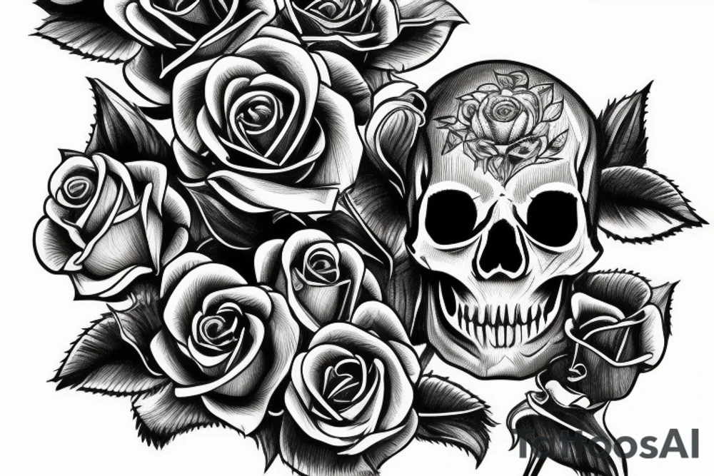 Traditional skull biting a long stem rose tattoo idea