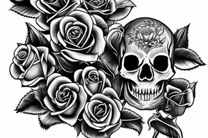 Traditional skull biting a long stem rose tattoo idea