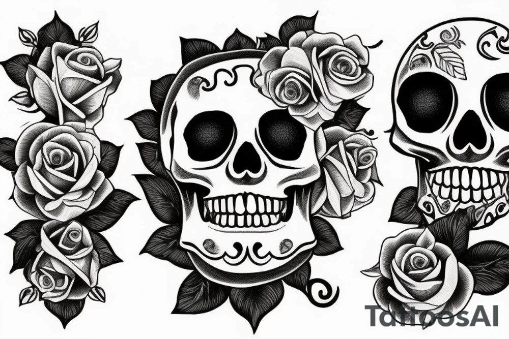Traditional skull biting a long stem rose tattoo idea