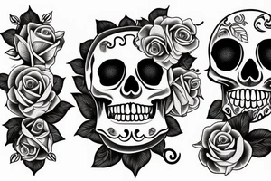 Traditional skull biting a long stem rose tattoo idea