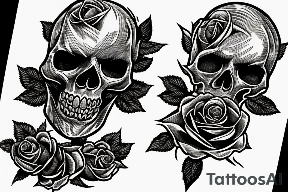 An American Traditional style skull biting a long stem rose tattoo idea