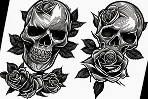 An American Traditional style skull biting a long stem rose tattoo idea