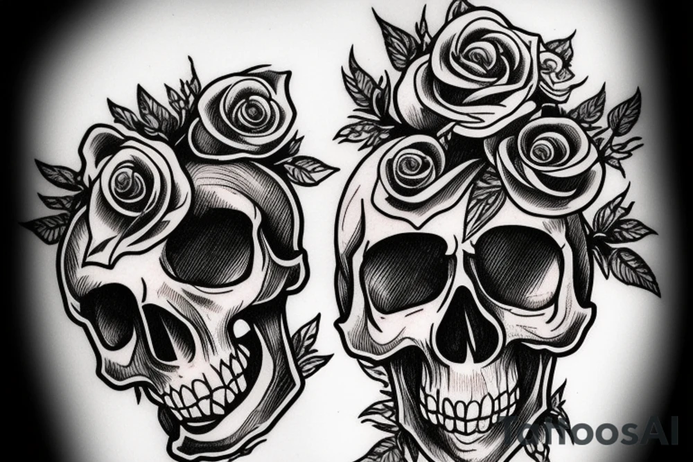 An American Traditional style skull biting a long stem rose tattoo idea