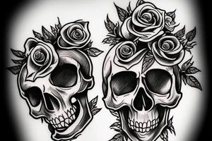 An American Traditional style skull biting a long stem rose tattoo idea