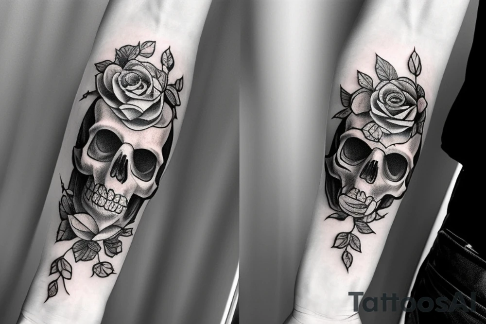 An American Traditional style skull with a long stem rose tattoo idea