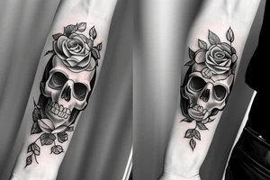 An American Traditional style skull with a long stem rose tattoo idea