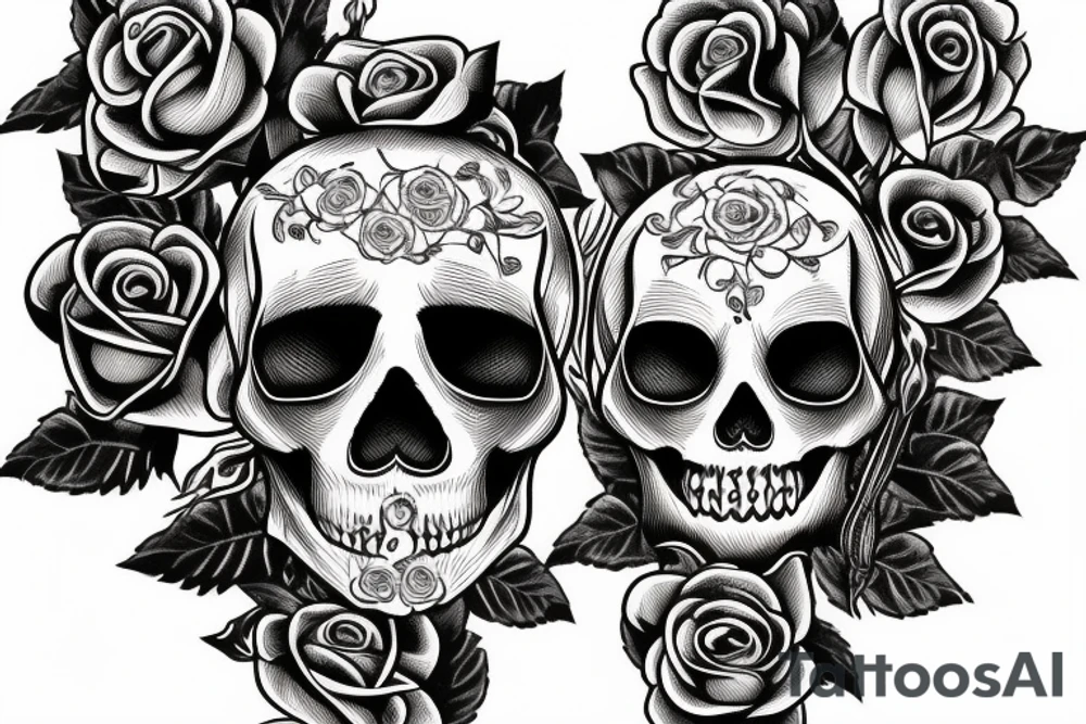 An American Traditional style skull with a long stem rose tattoo idea