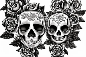An American Traditional style skull with a long stem rose tattoo idea