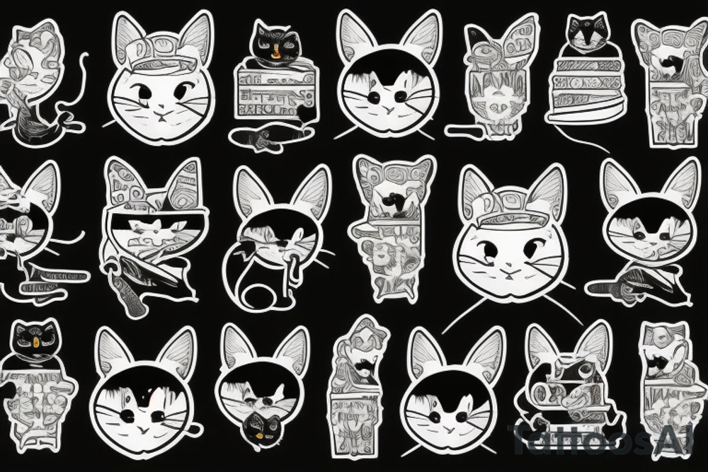 black cat with a funny hat and a sweater eating mice who are eating cheese tattoo idea
