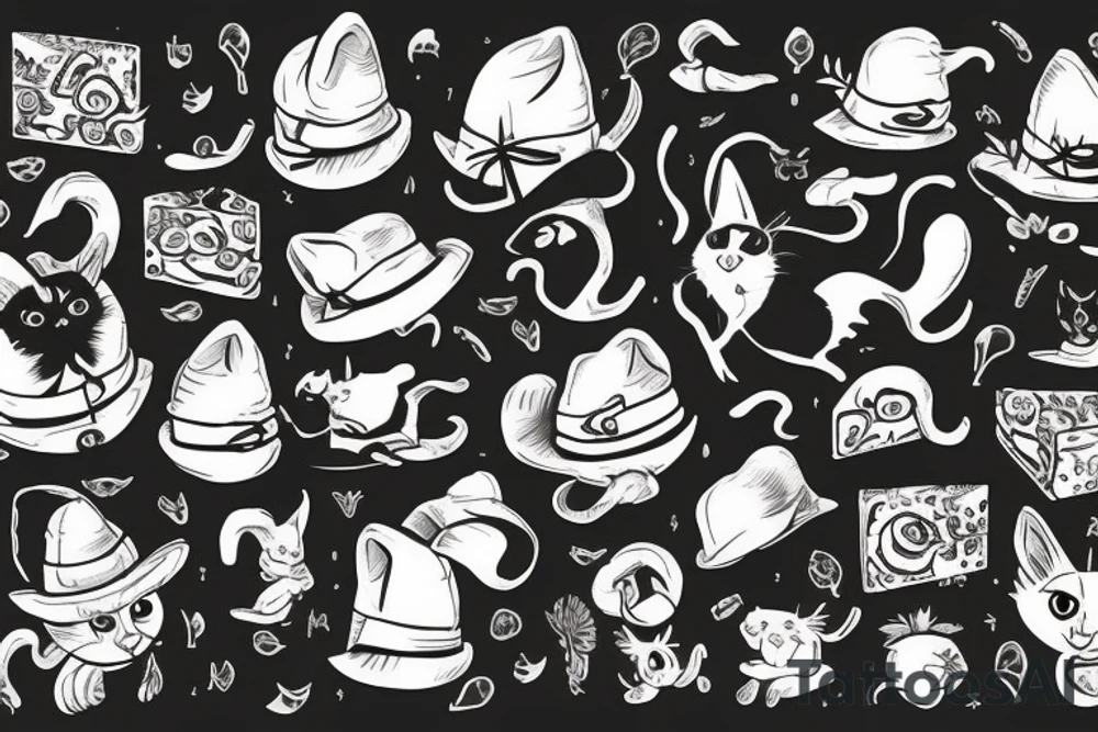black cat with a funny hat and a sweater eating mice who are eating cheese tattoo idea