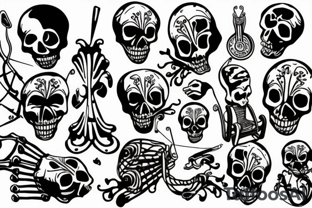 Skeleton sitting on a rocking chair andknitting something tattoo idea