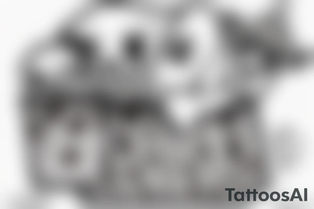 A dog covered with a white blanket for halloween dressed like a ghost. Holding a pumpkin basket in his mouth with in the basket a bone. tattoo idea