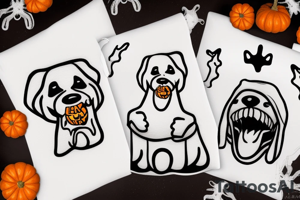 A dog covered with a white blanket for halloween dressed like a ghost. Holding a pumpkin basket in his mouth with in the basket a bone. tattoo idea