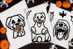 A dog covered with a white blanket for halloween dressed like a ghost. Holding a pumpkin basket in his mouth with in the basket a bone. tattoo idea