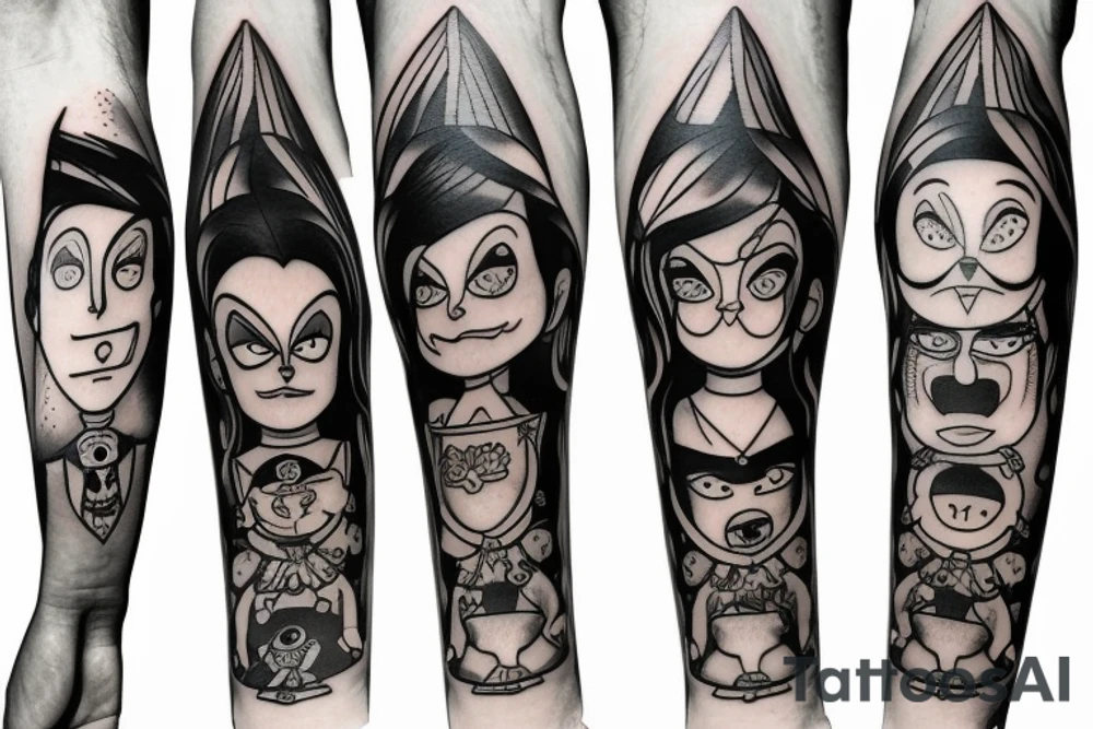 Full leg tattoo of classic Cartoon Network characters in a gothic style tattoo idea