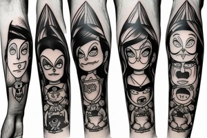 Full leg tattoo of classic Cartoon Network characters in a gothic style tattoo idea
