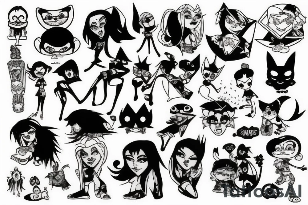 Full leg tattoo of classic Cartoon Network characters in a gothic style tattoo idea