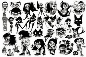 Full leg tattoo of classic Cartoon Network characters in a gothic style tattoo idea