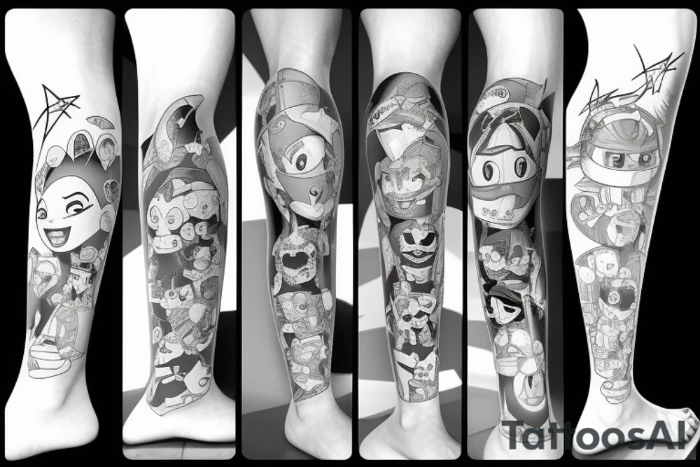Full leg tattoo of classic Cartoon Network characters tattoo idea