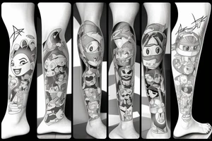 Full leg tattoo of classic Cartoon Network characters tattoo idea