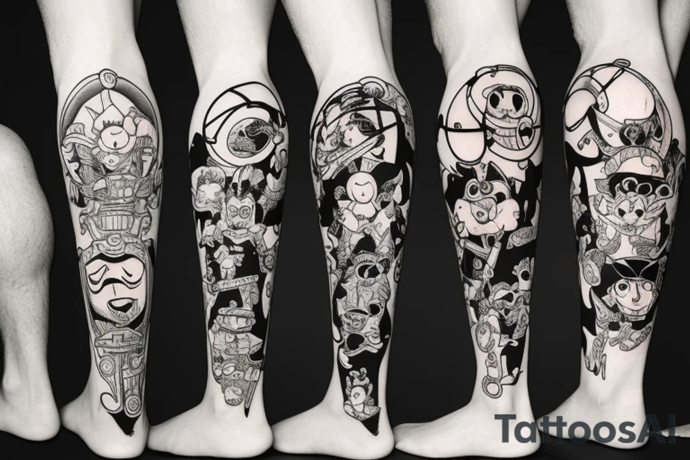 Full leg tattoo of classic Cartoon Network characters tattoo idea
