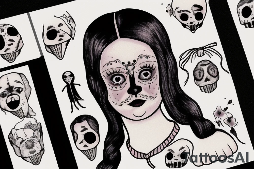 Wednesday Addams portrait with a dog dressed as a ghost tattoo idea