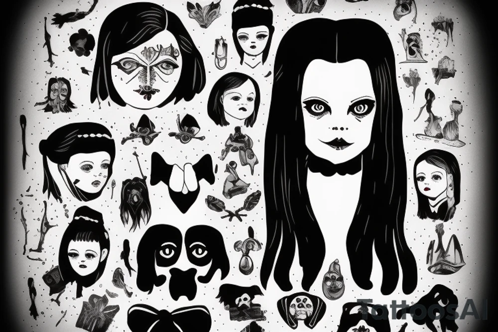 Wednesday Addams portrait with a dog dressed as a ghost tattoo idea