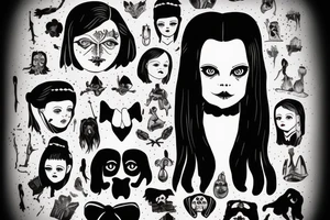 Wednesday Addams portrait with a dog dressed as a ghost tattoo idea