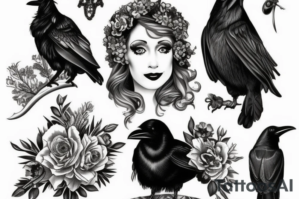 Victorian portrait of a dressed up raven tattoo idea