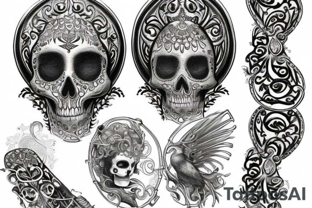 victorian filigree tattoo with a woman with half a skull for a face, a raven, and a skeleton key tattoo idea