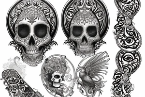 victorian filigree tattoo with a woman with half a skull for a face, a raven, and a skeleton key tattoo idea